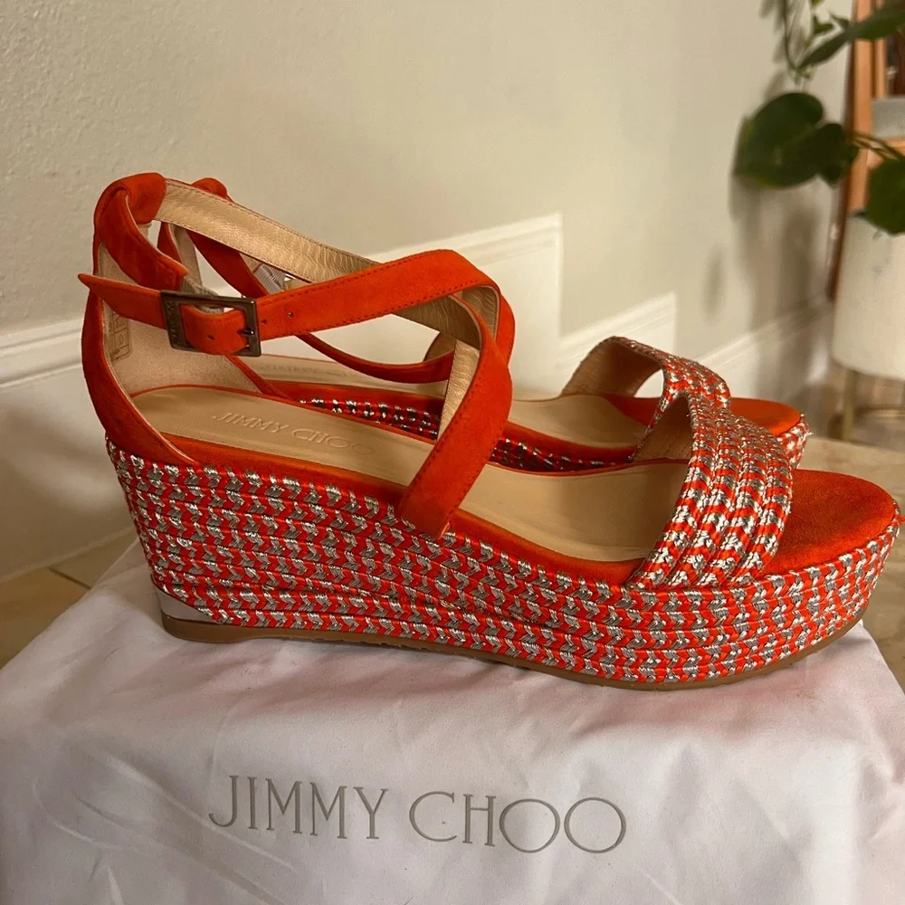 Jimmy Choo Silver and Orange suede Espadrilles/Wedges - Picture 8 of 10